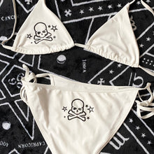 Load image into Gallery viewer, White Gothic Star + Skulls Bikini Top
