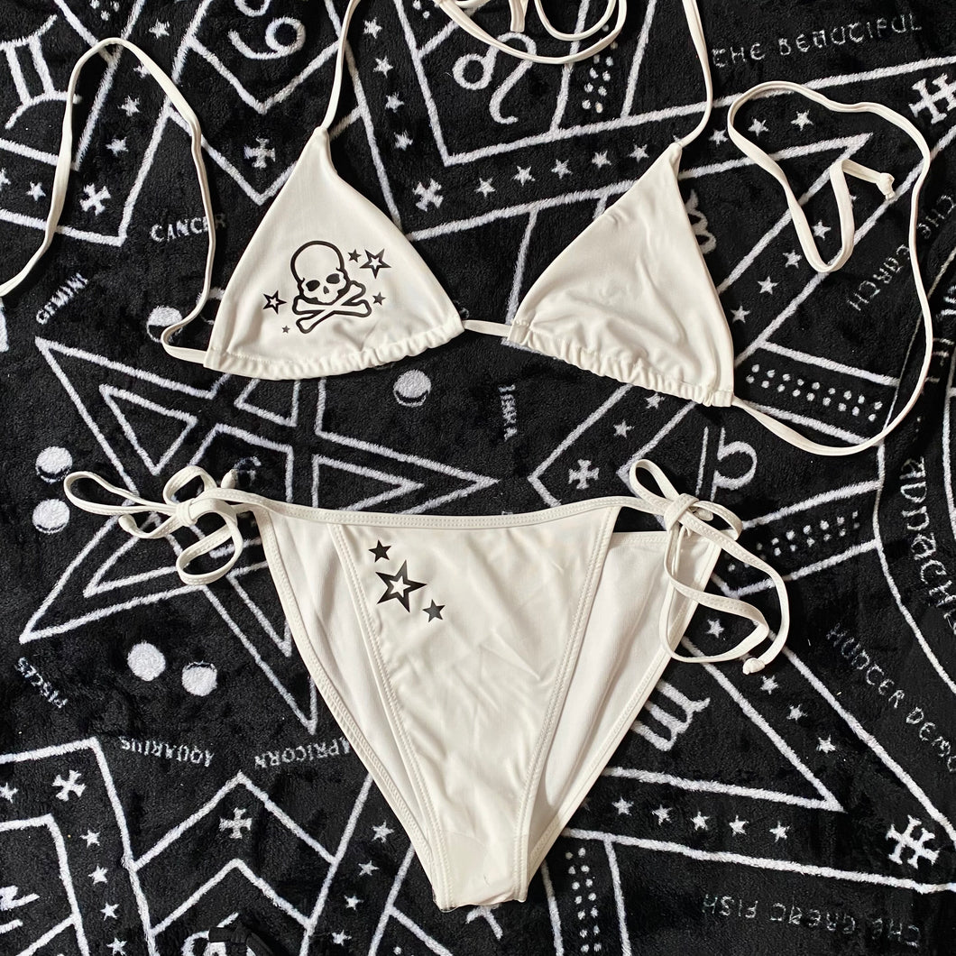 White Gothic Star + Skulls Bikini Top